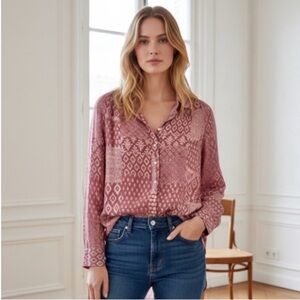 Xirena Shirt Button Down Maeve Pink Patchwork Print SMALL Silk Cotton Casual
